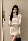 Delicate White Lace Dress with Ruffled Choker and Long Sleeves