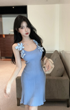 Elegant Ribbed Knit Dress in Blue with Adorable Floral Details