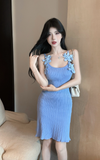 Elegant Ribbed Knit Dress in Blue with Adorable Floral Details