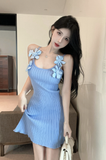 Elegant Ribbed Knit Dress in Blue with Adorable Floral Details