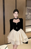 Stylish Black and White Dress with Halter Neck and Layered Skirt