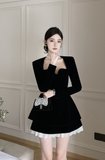 Elegant Black Velvet Dress with Sweetheart Neck and Ruffled Hem