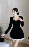 Elegant Black Velvet Dress with Sweetheart Neck and Ruffled Hem