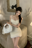 Adorable Cream Sling Dress with Bow - front Detail and Fringed Hem