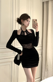 Elegant Black Velvet Dress with Sheer Lace Insert and Halter Neck