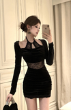 Elegant Black Velvet Dress with Sheer Lace Insert and Halter Neck