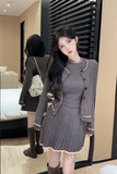 Stylish Knitted Cardigan and Pleated Skirt Set in Taupe