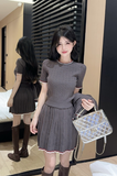 Stylish Knitted Cardigan and Pleated Skirt Set in Taupe