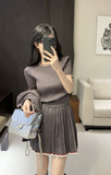 Stylish Knitted Cardigan and Pleated Skirt Set in Taupe