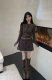 Stylish Knitted Cardigan and Pleated Skirt Set in Taupe