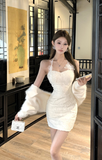 Elegant White Halter Lace Dress with Furry Sleeve Accents