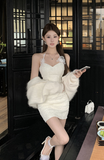 Elegant White Halter Lace Dress with Furry Sleeve Accents