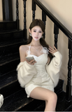 Elegant White Halter Lace Dress with Furry Sleeve Accents