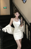 Elegant White Halter Lace Dress with Furry Sleeve Accents