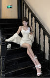 Elegant White Halter Lace Dress with Furry Sleeve Accents