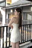 Elegant White Halter Lace Dress with Furry Sleeve Accents