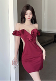 Glamorous Burgundy Off - the - Shoulder Dress with Ruffled Detail