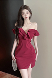 Glamorous Burgundy Off - the - Shoulder Dress with Ruffled Detail