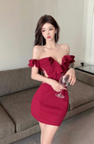 Glamorous Burgundy Off - the - Shoulder Dress with Ruffled Detail