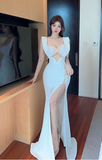 Elegant White Mermaid Gown with Cut - out Detail and High Slit