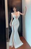 Elegant White Mermaid Gown with Cut - out Detail and High Slit