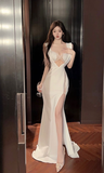 Elegant White Mermaid Gown with Cut - out Detail and High Slit