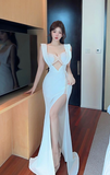 Elegant White Mermaid Gown with Cut - out Detail and High Slit