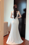 Elegant White Mermaid Gown with Cut - out Detail and High Slit