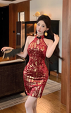 Glamorous Halter Neck Dress with Red and Gold Brocade Pattern