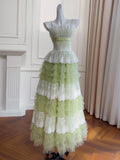 Green Tulle A Line Ruffles Lace Party Dress