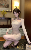 Elegant Beige Bodycon Dress with Cut - out Neck Detail