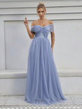 Blue Off The Shoulder Appliques Prom Dress