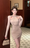 Elegant Beige Bodycon Dress with Cut - out Neck Detail