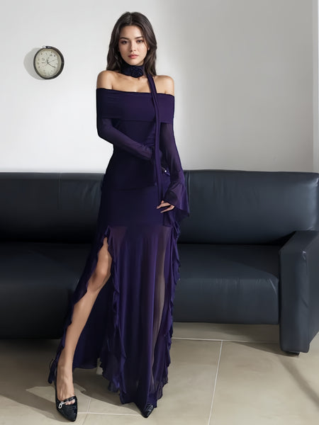 Off-the-Shoulder Elegance Side Slit Purple Maxi Dress