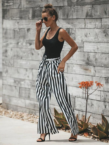 Charming Black White Stripes Bandage Wide-leg Pants