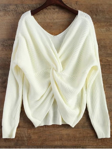 Fashion V Neck Twisted Back Sweater