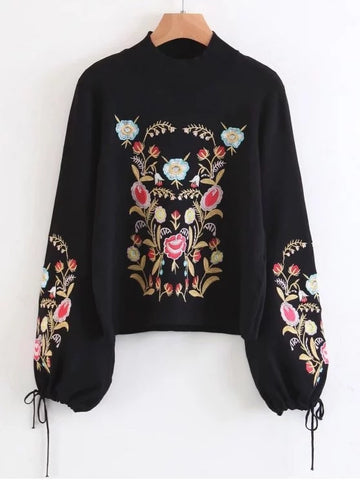 Trendy Mock Neck Flare Sleeve Floral Embroidered Sweater