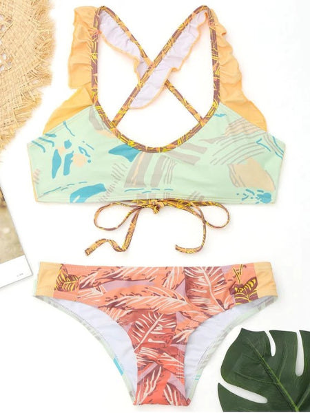 Cheap Ruffles Color Block Printed Bikini