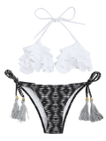 Cheap Geometric Print Ruffles Bikini Set