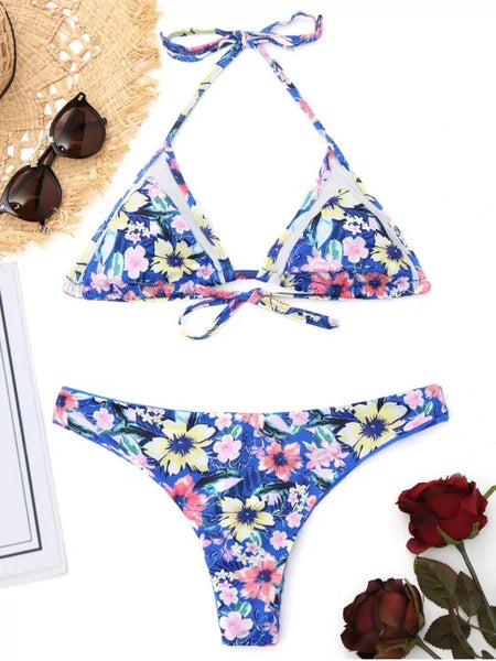 Cute Mesh Insert Tiny Floral Bralette BikiniV