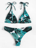 Tie Shoulder Leaf Print Bikini Set