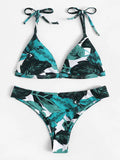 Tie Shoulder Leaf Print Bikini Set