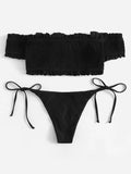 Shirred Lace-up Bardot Bikini Set