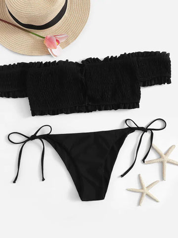 Shirred Lace-up Bardot Bikini Set