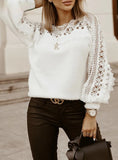 WOMEN SOLID GUIPURE LACE LANTERN SLEEVE SWEATER