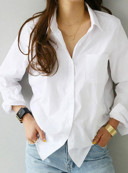 ONE POCKET WOMEN WHITE SHIRT FEMALE BLOUSE TOPS