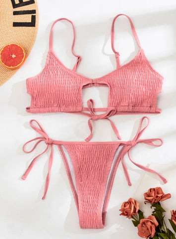 SOLID COLOR HOLLOW PLEATS BIKINI