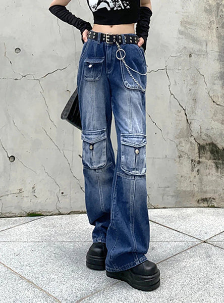 RETRO SLIM WAIST POCKET LOOSE JEANS