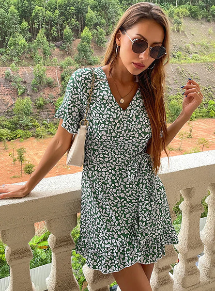 SHORT SLEEVE LACE-UP V-NECK FLORAL DRESS