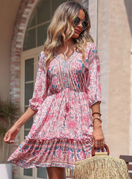 V-NECK PRINTED SUMMER BOHEMIAN DRESS